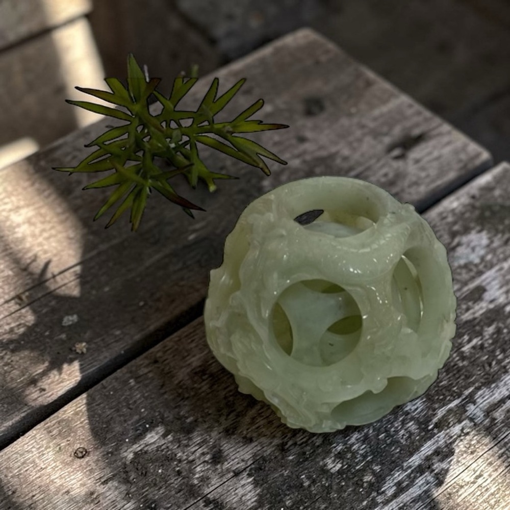 Carved Dragon Sphere Stone Orb Green Jade Style Decorative Sculpture Feng Shui
